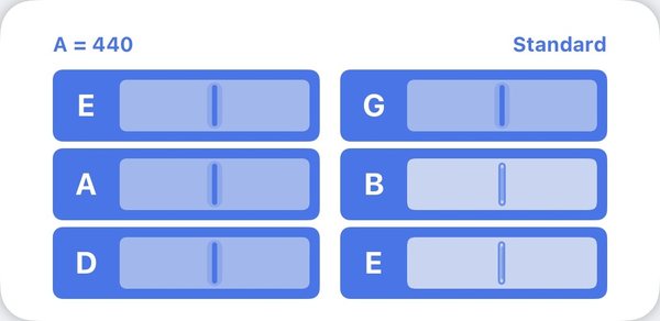 Strings tuner showing six guitar strings