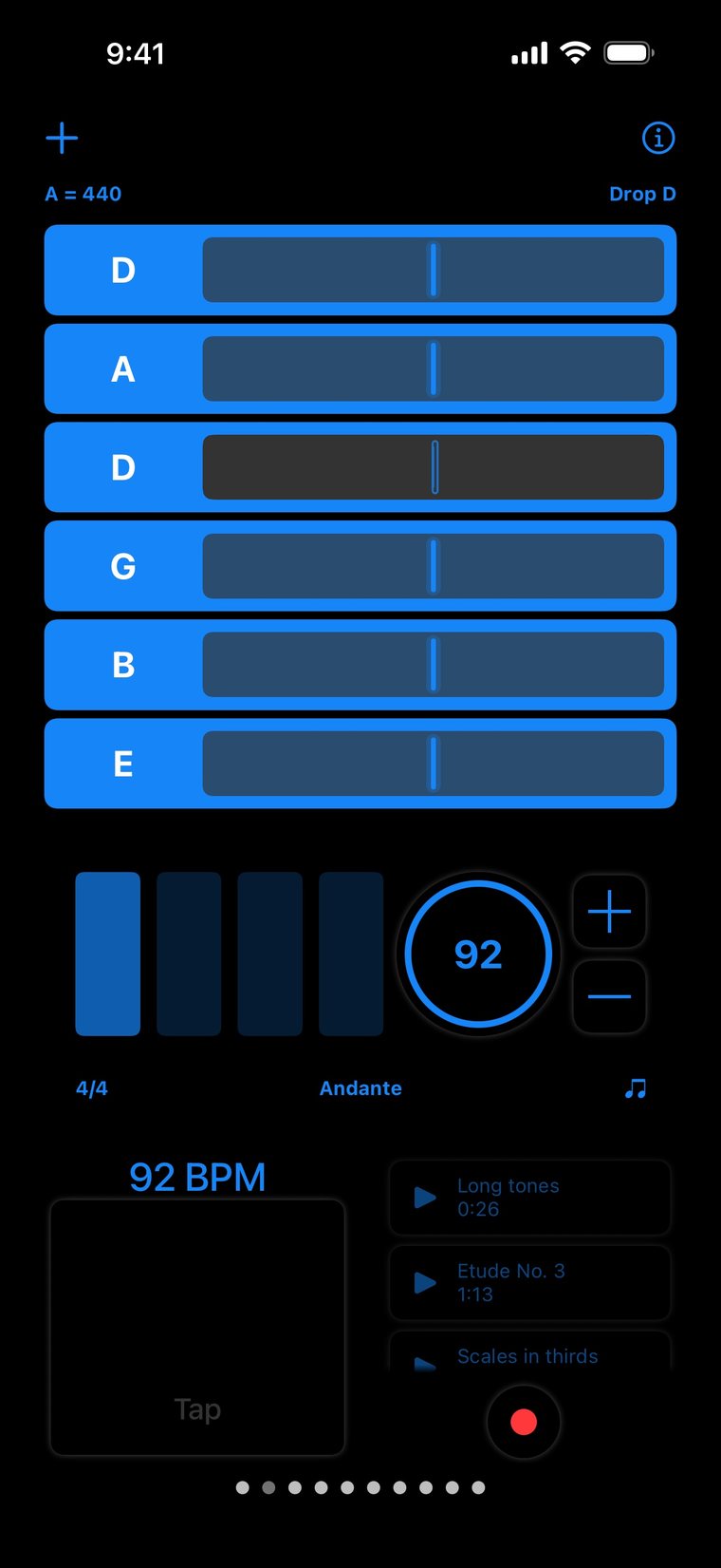 The strings tuner in Drop D, hearing all six strings