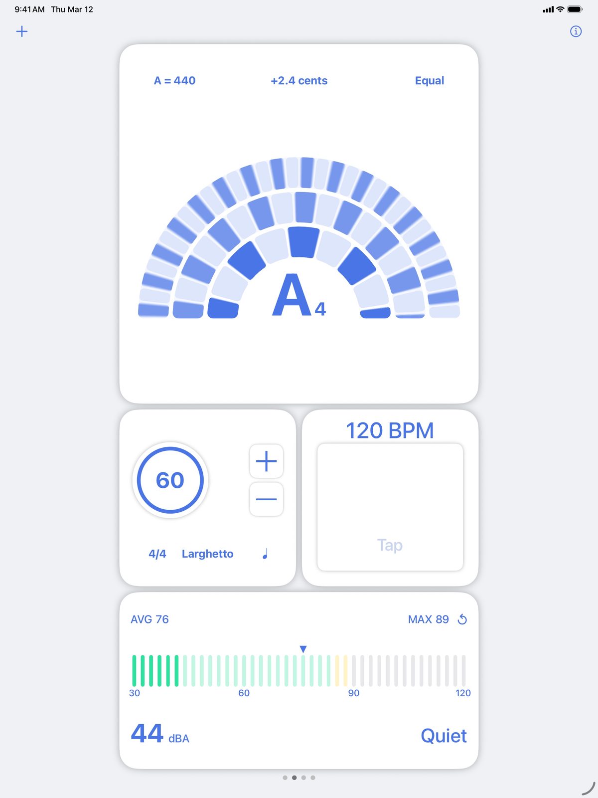 Practice Pro on iPad with a strobe tuner, a metronome, tap tempo and a decibel reader
