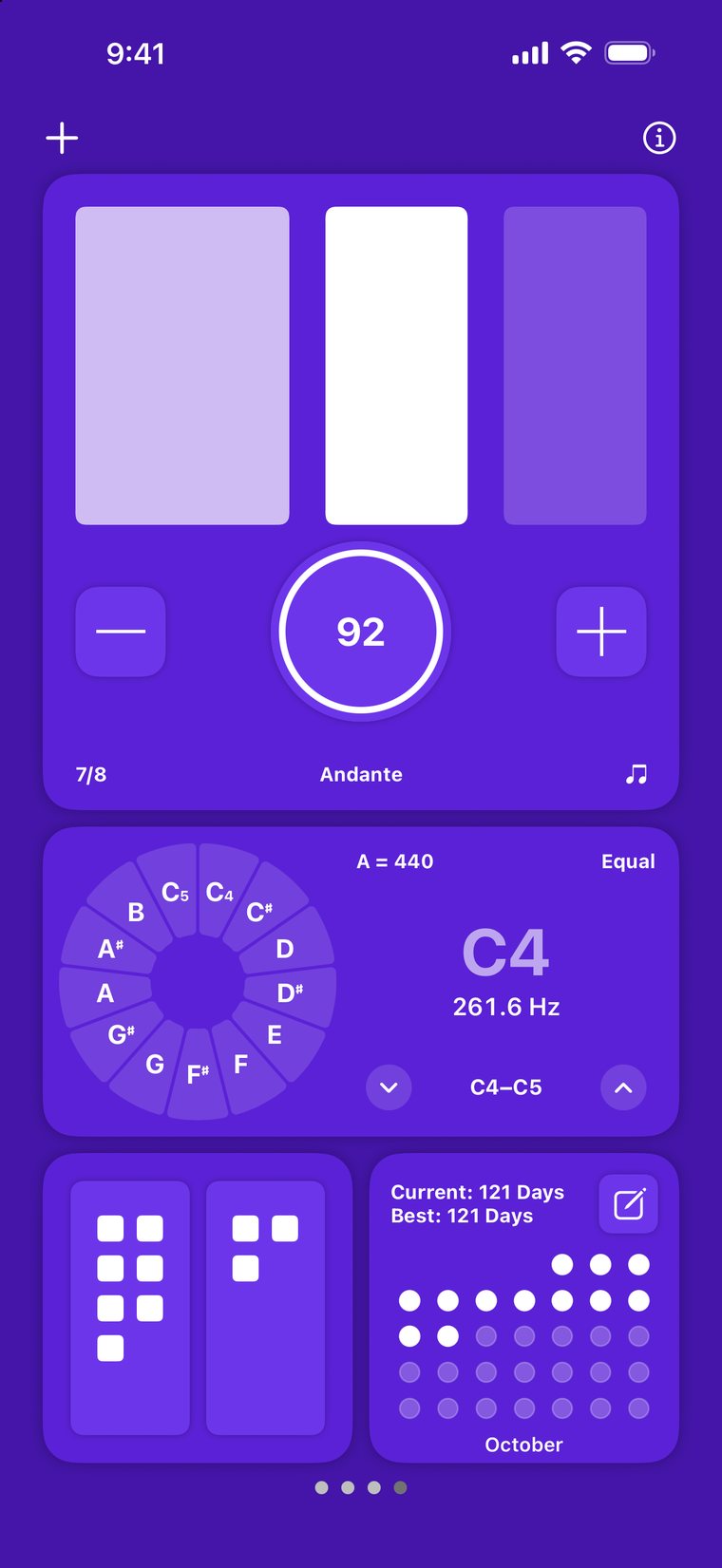 A beat visualizer metronome in 7/8 at 92 BPM, its three beats grouped 3+2+2, on a violet page