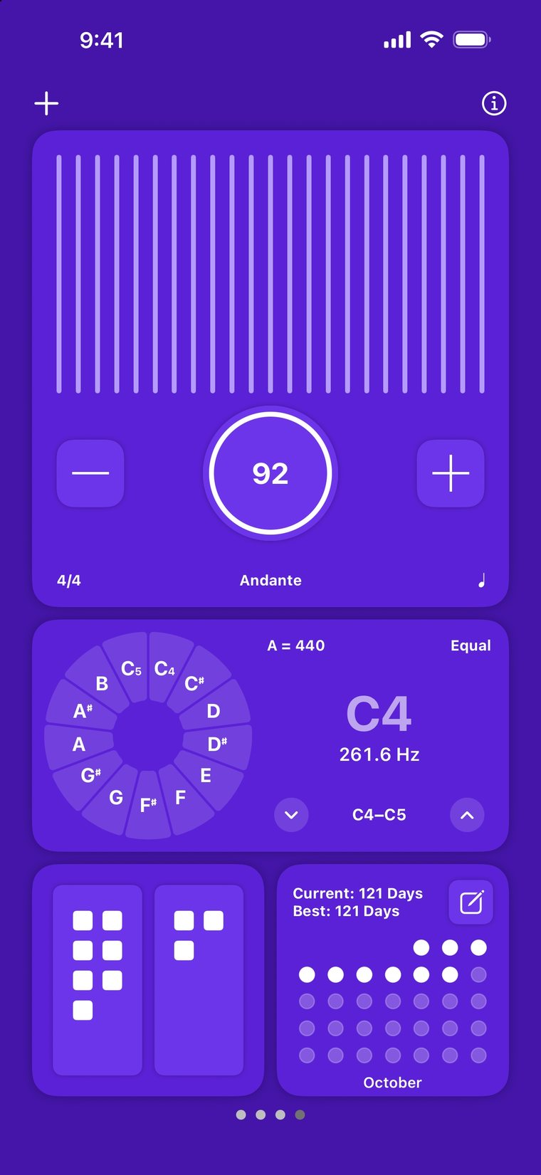 A violet page with a digital pendulum, a pitch pipe, a repetition counter and practice streaks