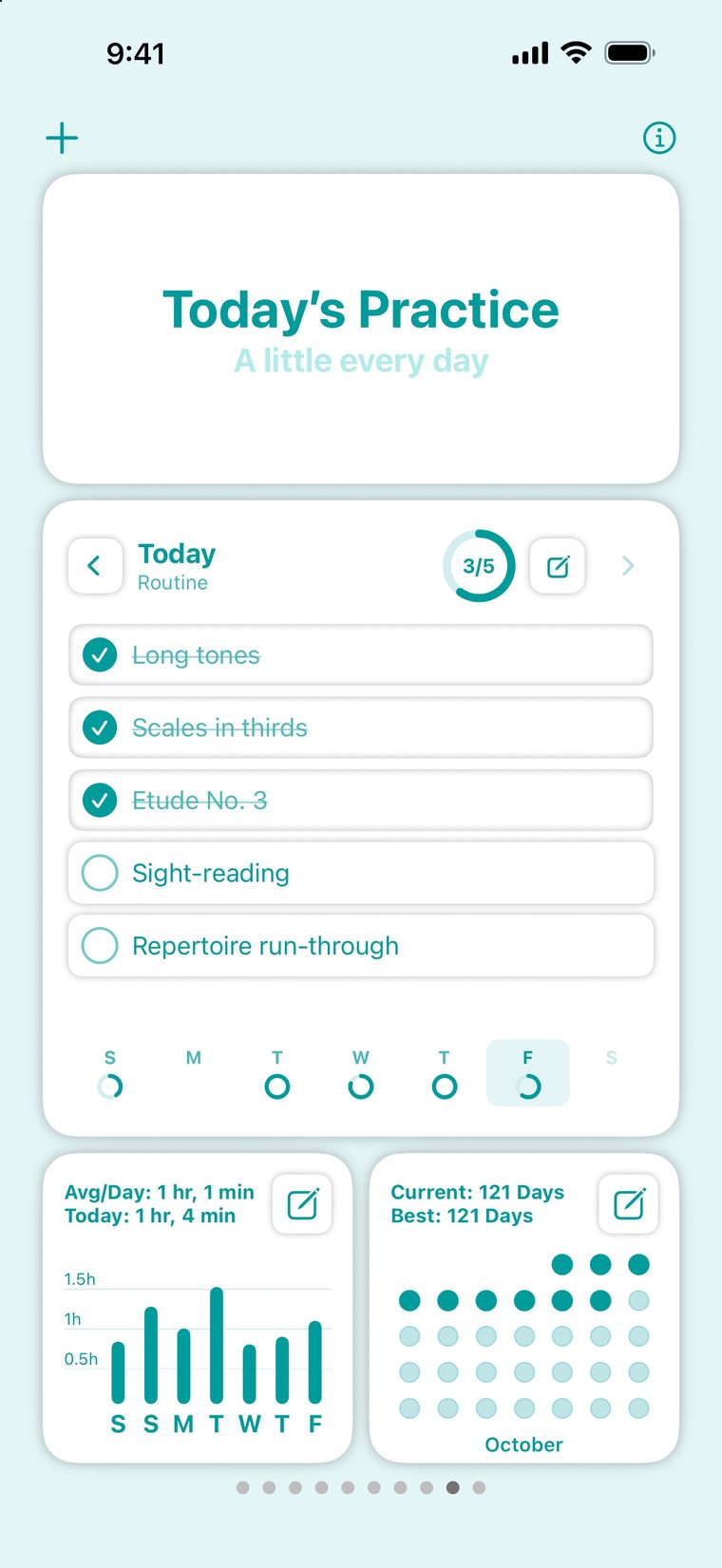 The Practice Planner page with a routine, a tracker and streaks