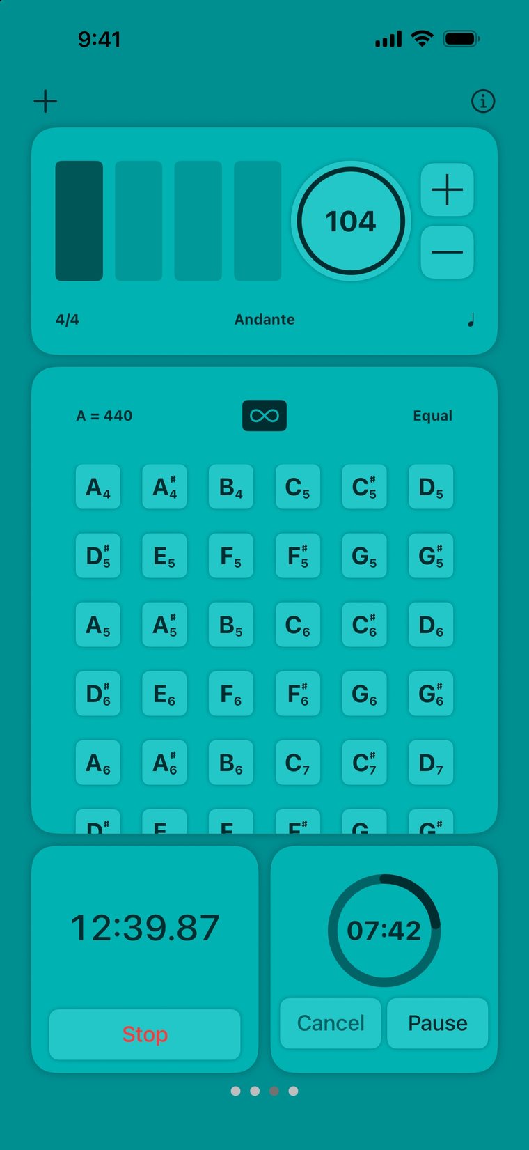 A teal page with a beat visualizer, a multi pitch player, a stopwatch and a timer