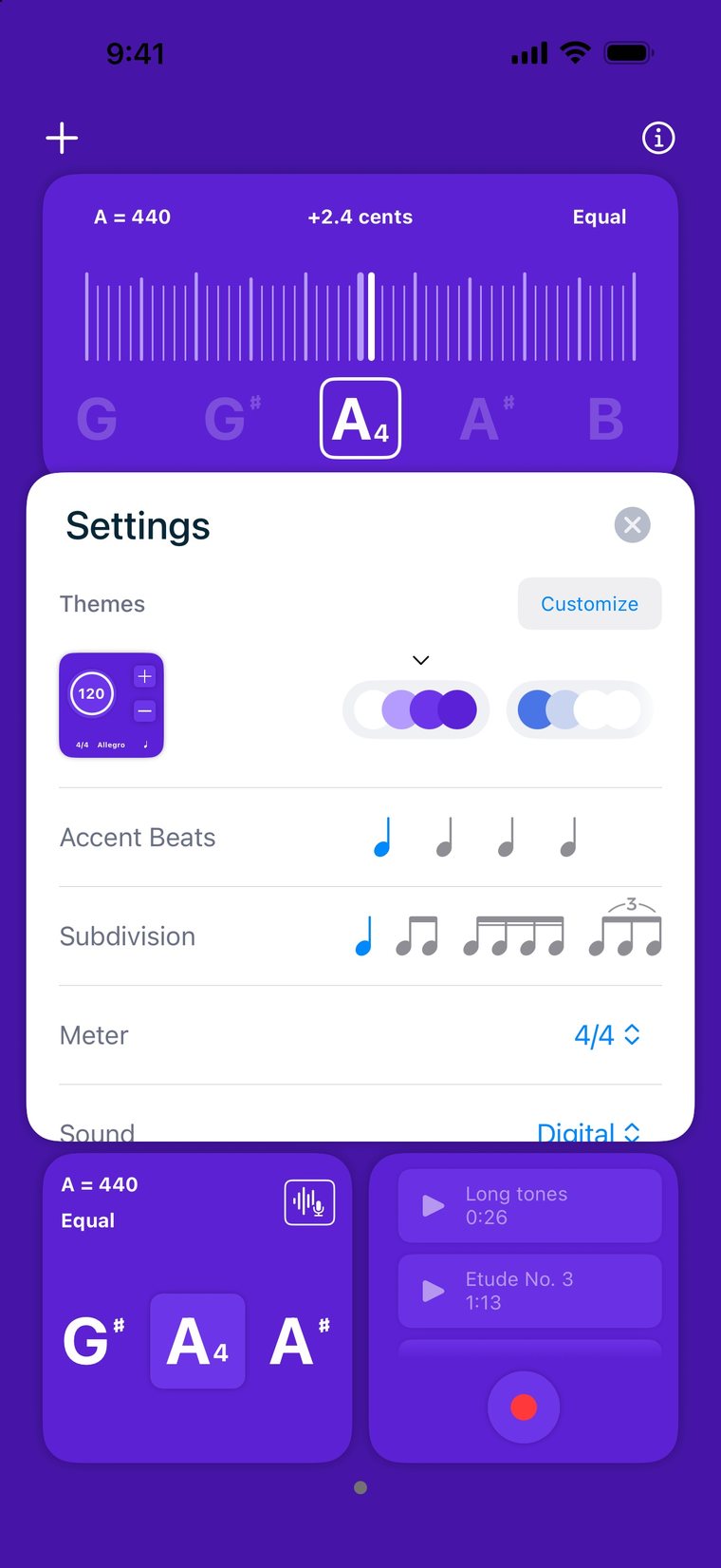 The metronome's settings: accent beats, subdivision and meter
