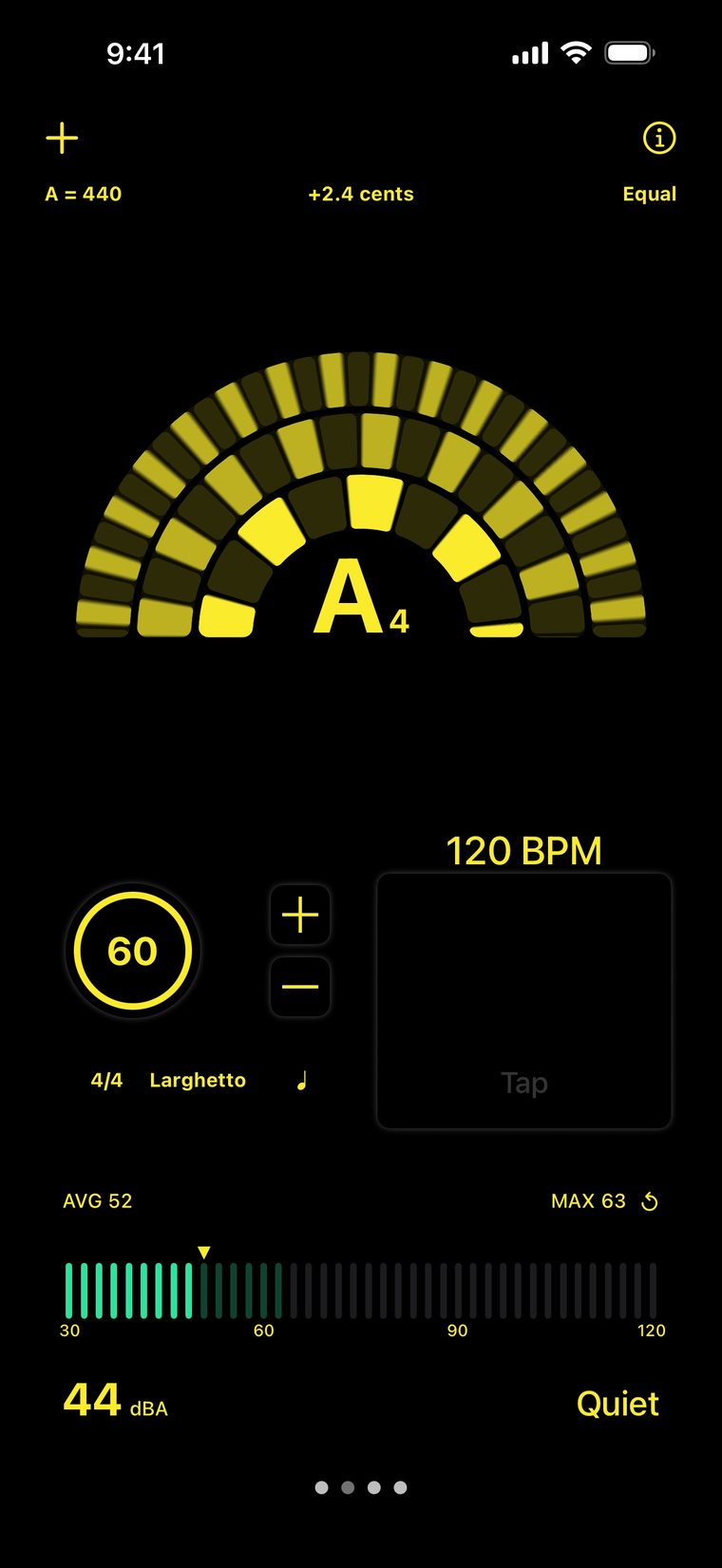 The strobe tuner page in black and yellow